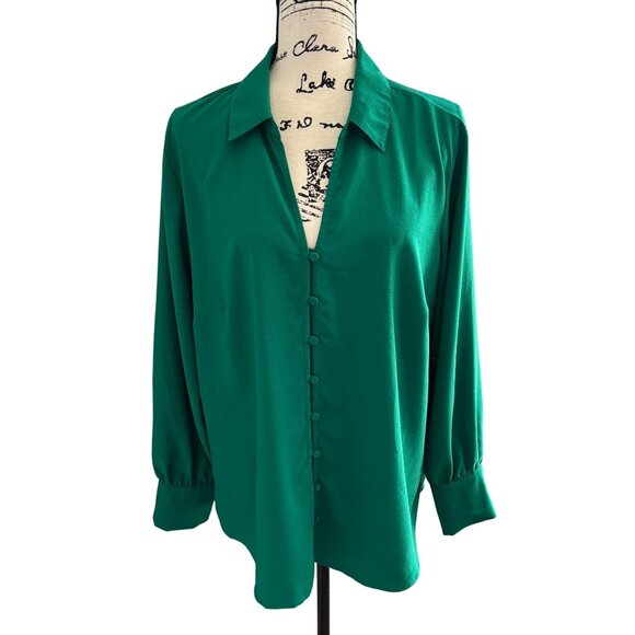 Ann Taylor Women's Emerald Green V Neck Blouse Sz XL Top Button Up Long Sleeve - Picture 1 of 9